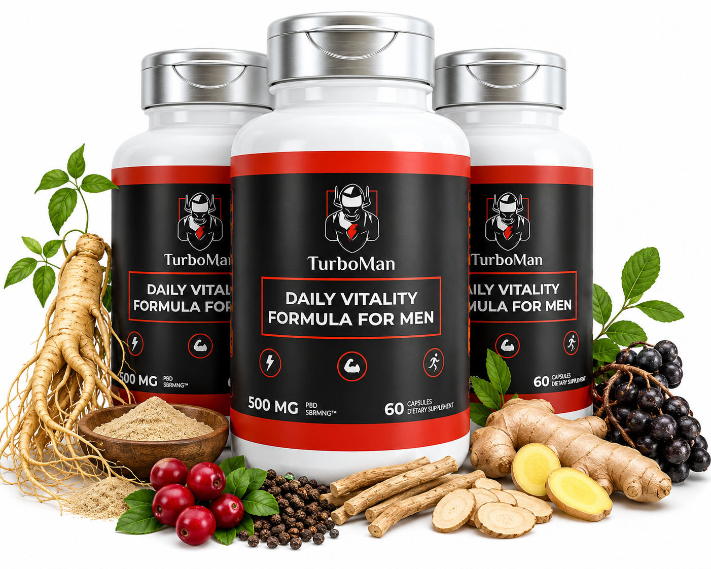 Truvora Male Performance Gummies bottles surrounded by natural ingredients